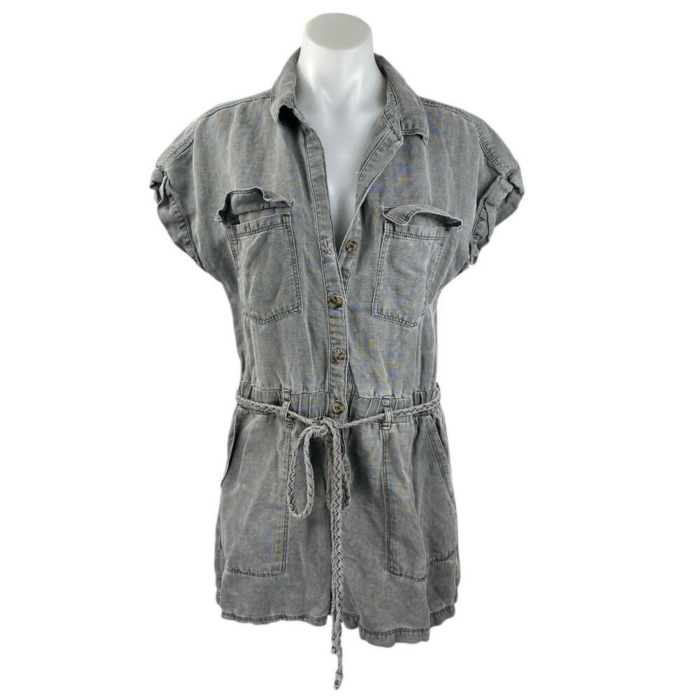 Nicole Miller Women's Gray Short Sleeve Collar Button Up Tie Jumpsuit Romper S